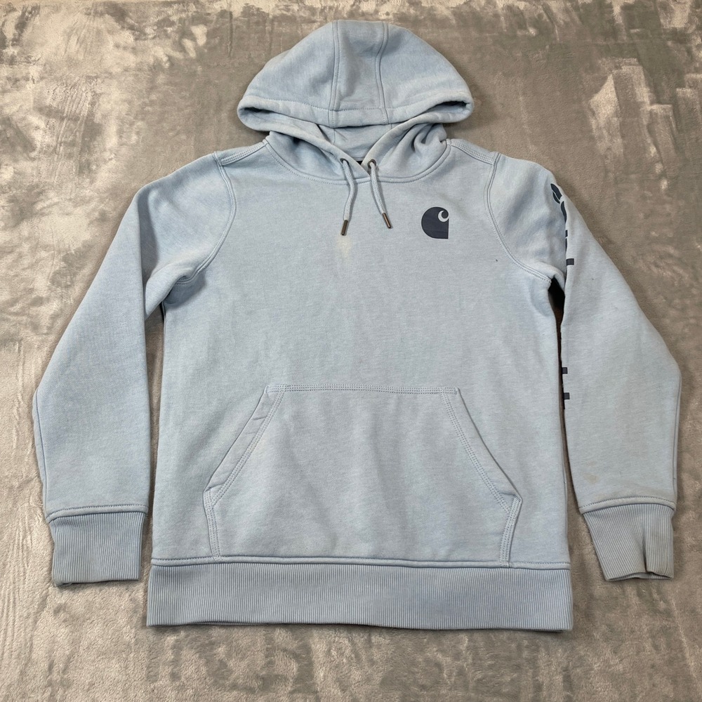 Carhartt  Mens Small 4-6 Relaxed Fit Hoodie Light‎ Blue Sleeve Graphic Pullover